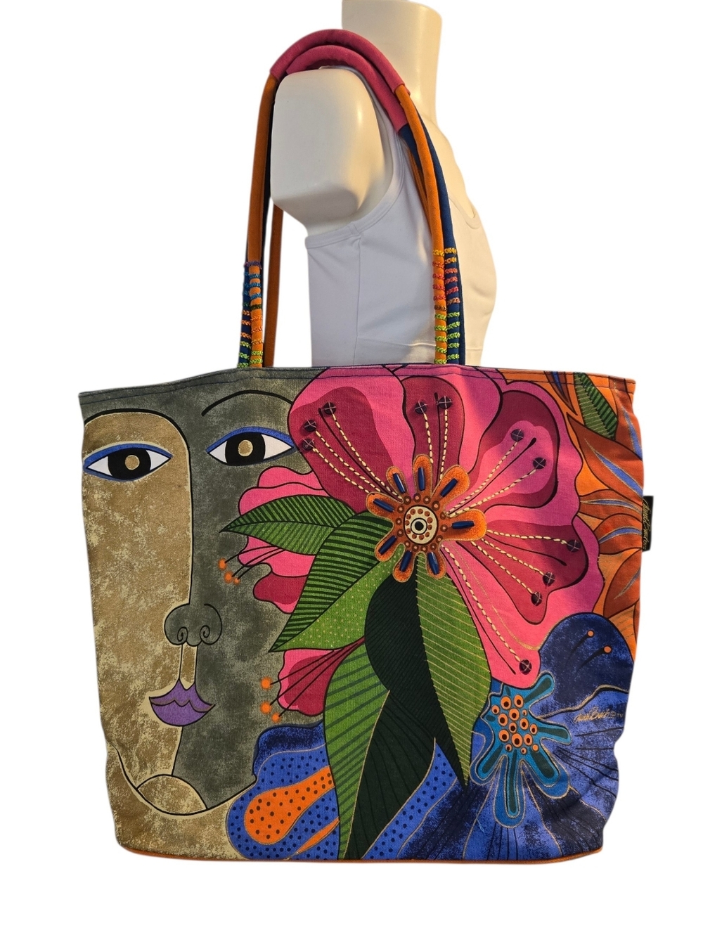 Laurel Burch Large Tote Bag Colorful Cat Face Floral Canvas Shoulder Bag